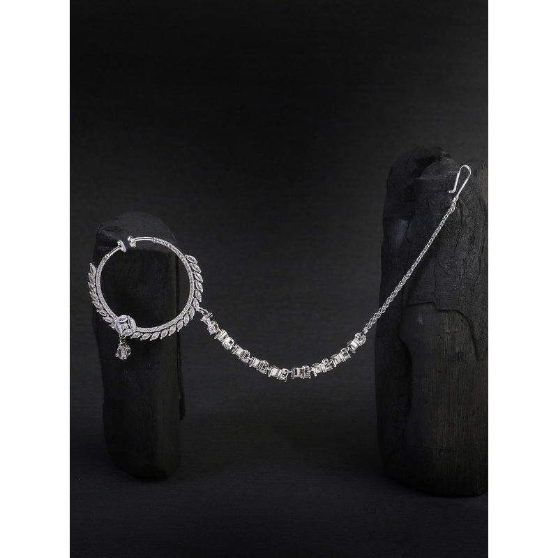 Adwitiya Collection Rhodium Plated Stone Studded Nose Pin