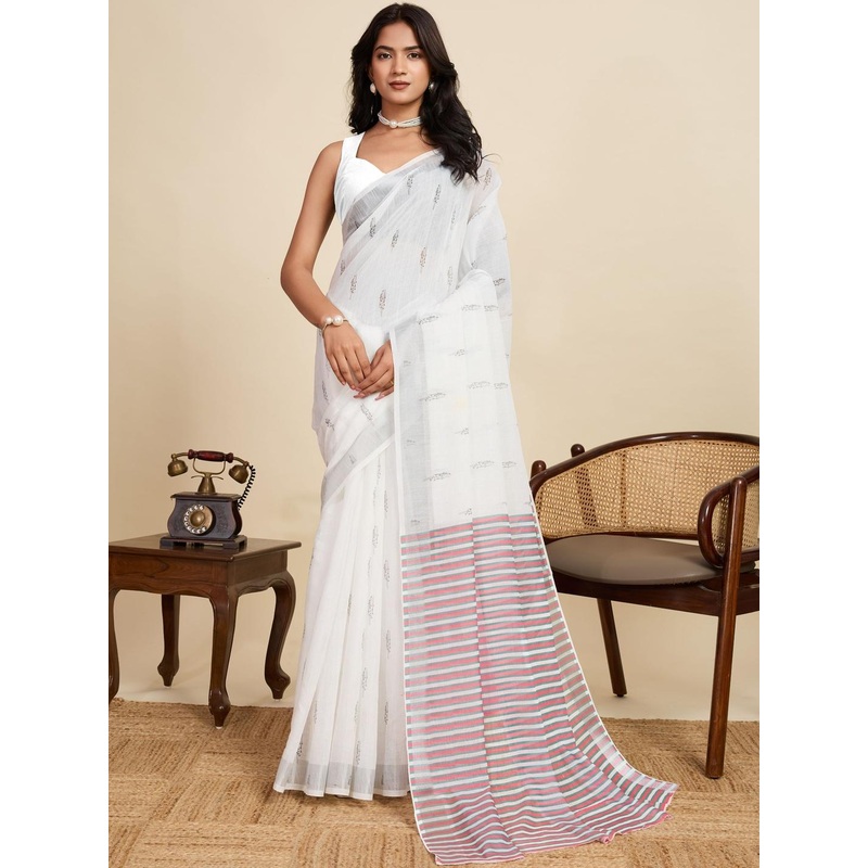 all about you Floral Printed Pure Linen Saree With Blouse