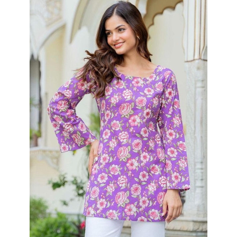 all about you Women Floral Printed Square Neck Long Sleeves Pure Cotton Kurti