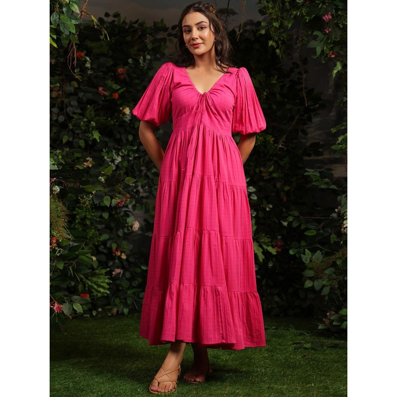 anayna Women Checked Cotton Fit & Flare Maxi Dresses