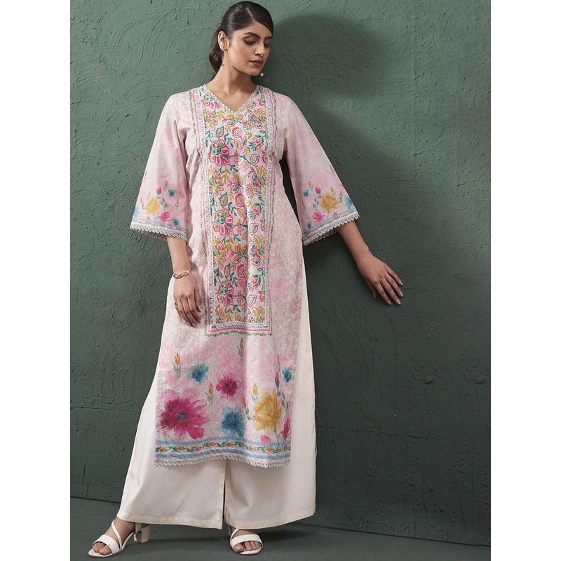 Anouk Floral Printed V-Neck Pure Cotton Straight Kurta