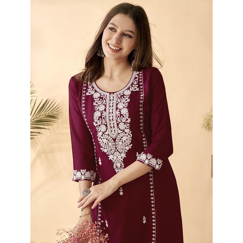 Anouk Maroon Ethnic Motifs Embroidered Round Neck Thread Work Straight Kurta