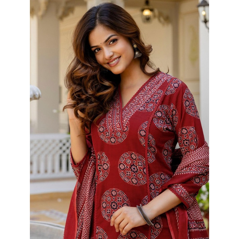 Anouk Women Printed Regular Mirror Work Pure Cotton Kurta with Palazzos & With Dupatta