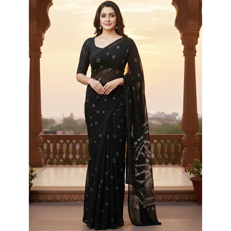 CLAFOUTIS Bandhani Pure Chiffon Handloom Bandhani Saree