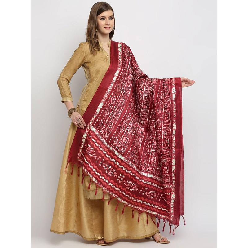 Dupatta Bazaar Maroon & White Batik Printed Dupatta