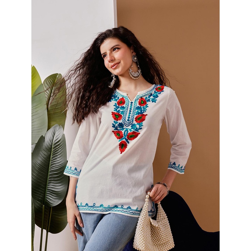 FEMBLISS Ethnic Floral Embroidered Notch Neck Pure Cotton Kurti