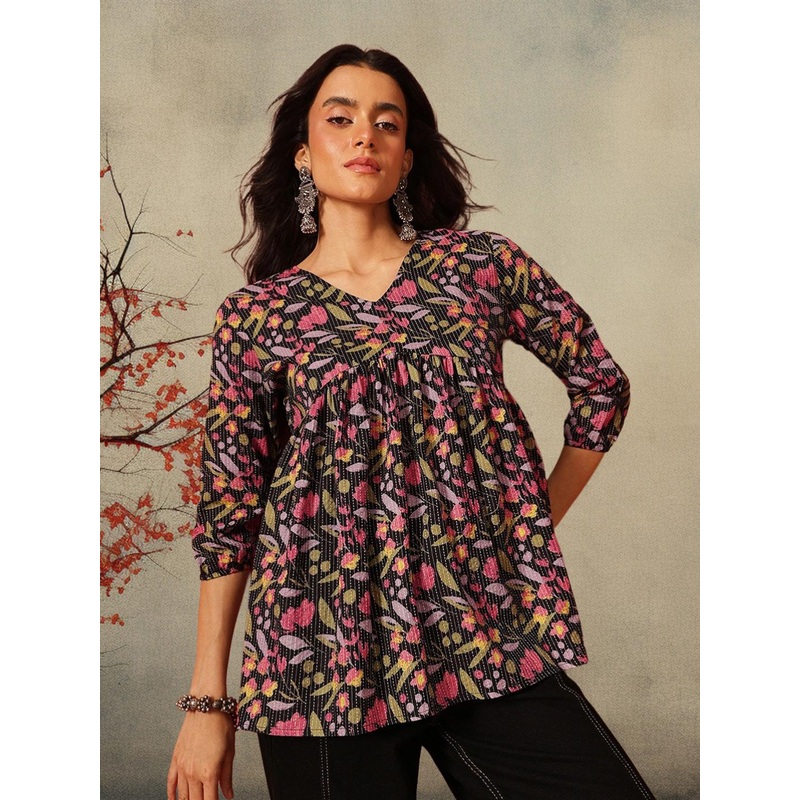 FEMBLISS Floral Printed V-Neck Pure Cotton Kurti
