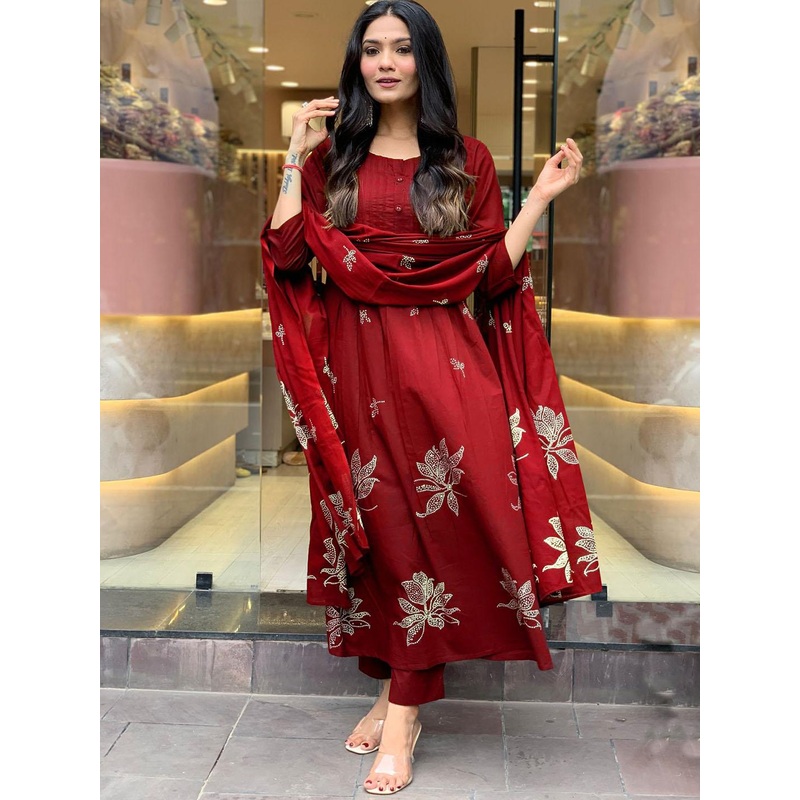 GoSriKi Floral Printed Pleated Round Neck Anarkali Kurta With Trousers & Dupatta