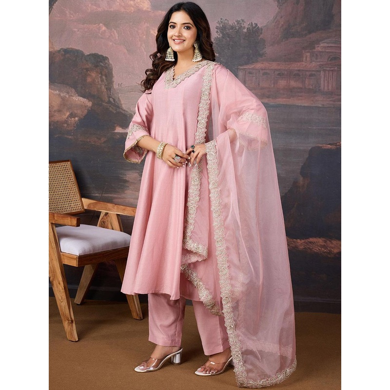 House of Pataudi Embroidered Flared Sleeves Anarkali Kurta With Trouser & Dupatta