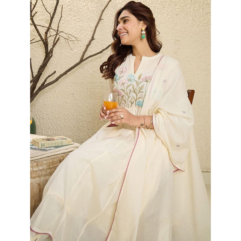 Indo Era Embroidered Mandarin Collar Pure Cotton A-Line Kurta With Trouser & Dupatta