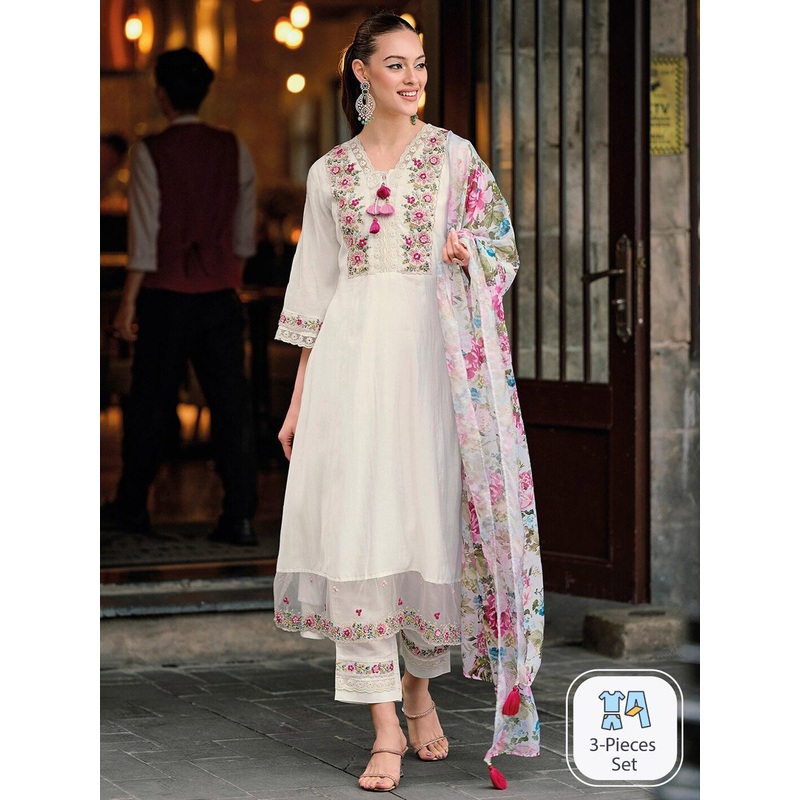 Indo Era Floral Embroidered Thread Work A-Line Kurta With Trousers & Dupatta
