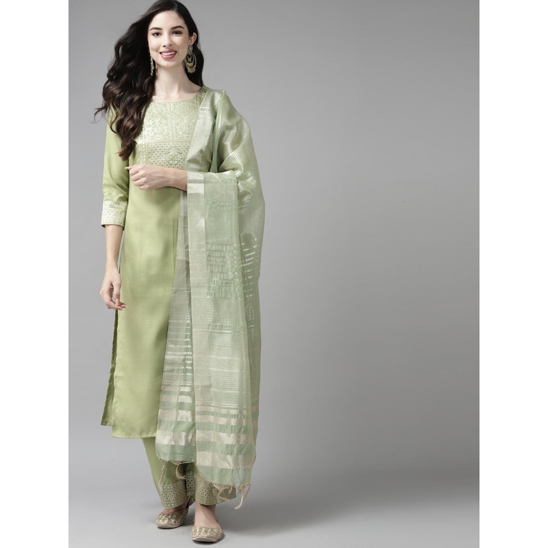 Indo Era Women Green Yoke Design Regular Kurta with Palazzos & Dupatta