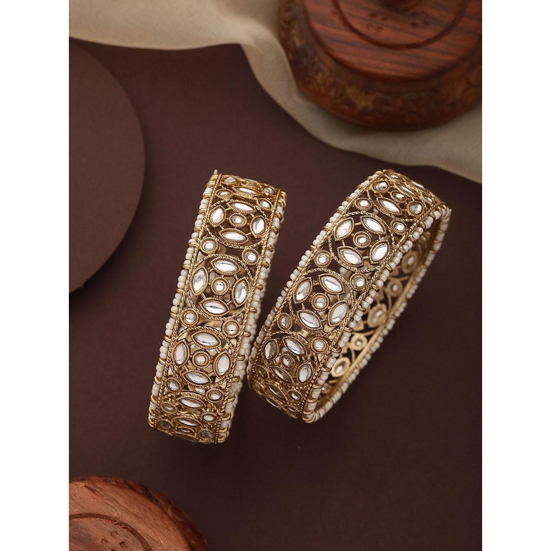 Jazz and Sizzle Set Of 2 Gold-Plated Kundan-Studded & Pearl-Beaded Bangle