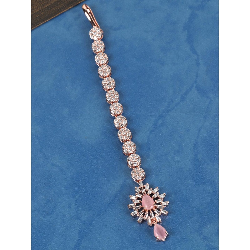 JEWELS GEHNA Pink Rose Gold-Plated CZ Stone-Studded Handcrafted Maang Tika