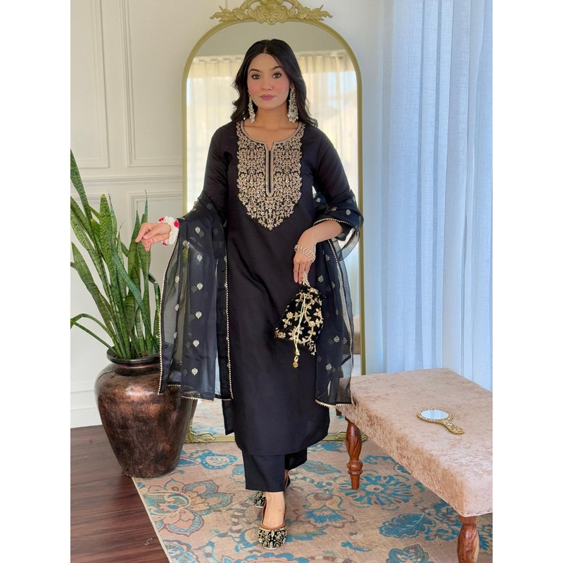 KALINI Floral Embroidered Sequinned Straight Kurta With Trousers & Dupatta