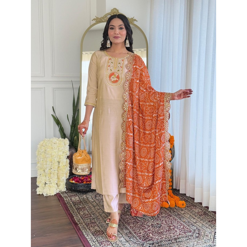 KALINI Gotta Patti Embroidered Round Neck Straight Kurta With Trousers & Dupatta