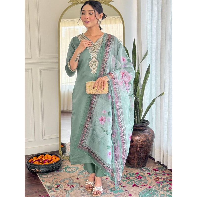 KALINI Women Embroidered Regular Kurta with Trousers & With Dupatta