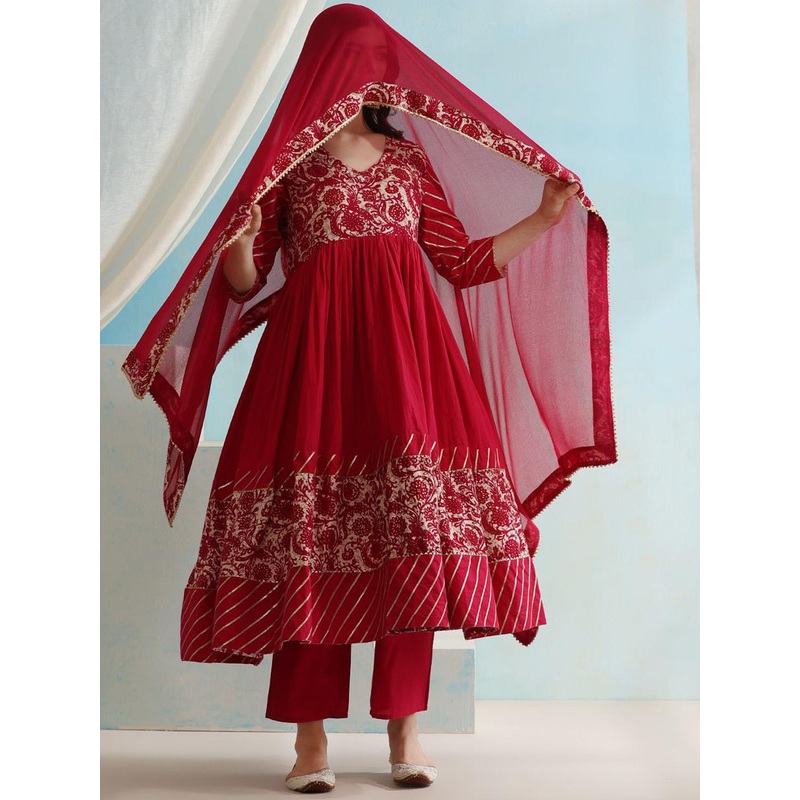 Khushal K Floral Printed V-Neck Anarkali Kurta with Palazzos & Dupatta