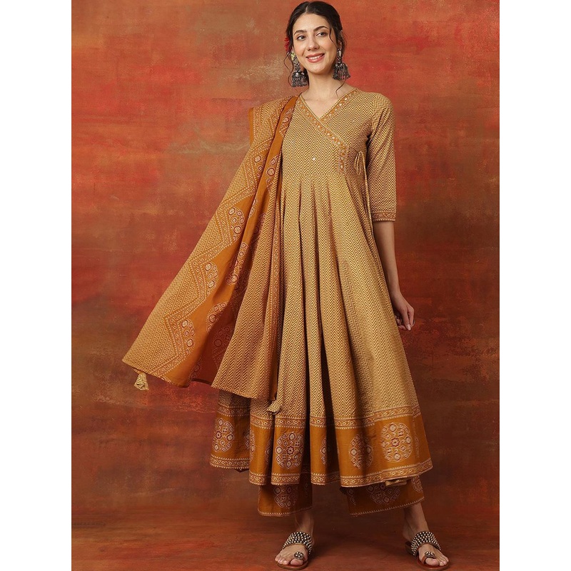 KIMAYRA Chevron Printed V Neck Angrakha Anarkali Pure Cotton Kurta With Palazzos & Dupatta