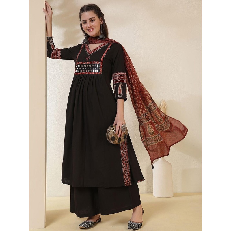 KIMAYRA Ethnic Motifs Printed V-Neck Mirror Work A-Line Kurta With Palazzos & Dupatta