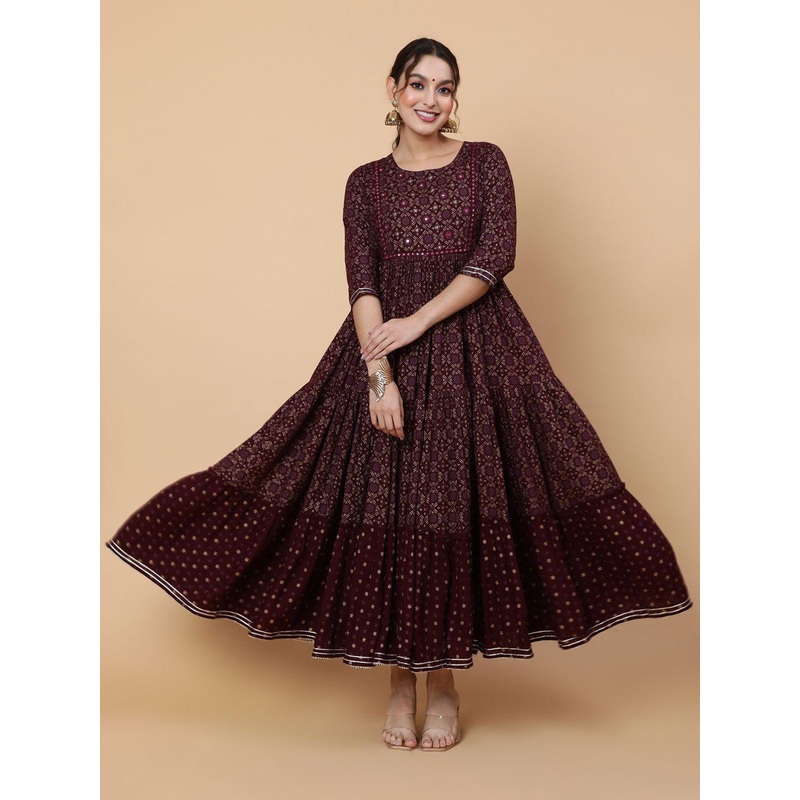 KIMAYRA Floral Printed Mirror Work Tiered Anarkali Kurta