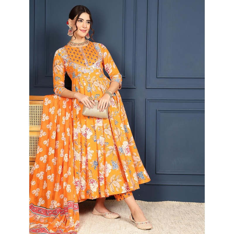KIMAYRA Floral Printed Pure Cotton Anarkali Kurta with Palazzos & Dupatta