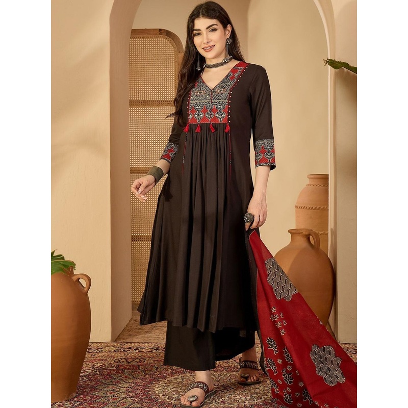 KIMAYRA Women Ethnic Motifs Embroidered Empire Thread Work Kurta with Palazzos & With Dupatta