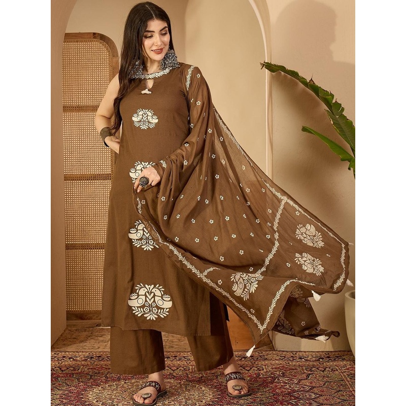 KIMAYRA Women Ethnic Motifs Embroidered Regular Thread Work Pure Cotton Kurta with Palazzos & With Dupatta