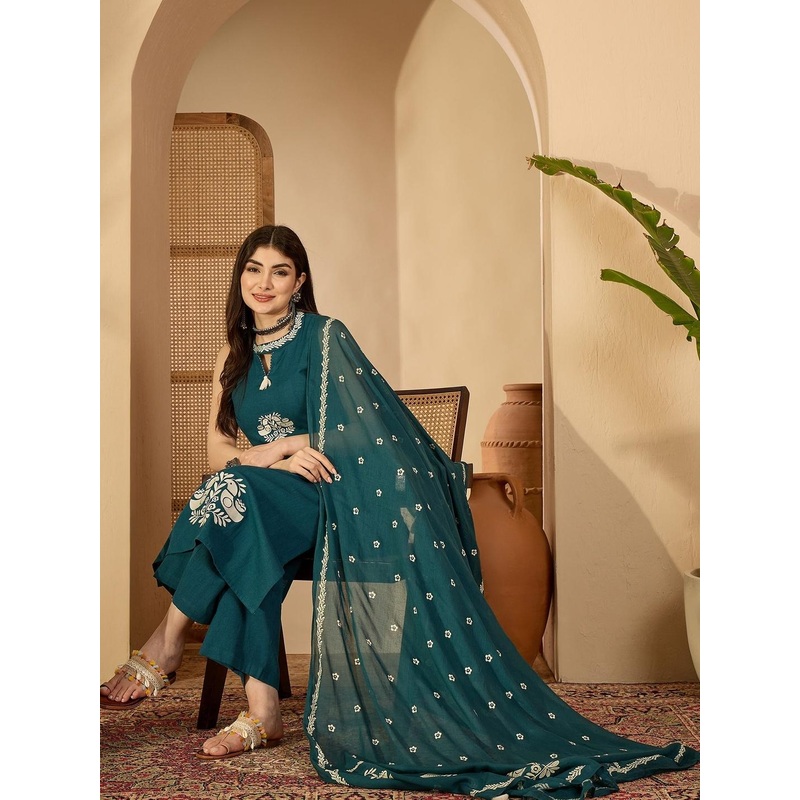 KIMAYRA Women Ethnic Motifs Embroidered Regular Thread Work Pure Cotton Kurta with Trousers & With Dupatta