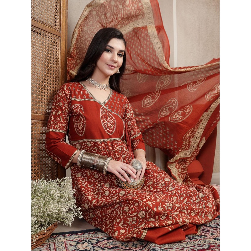 KIMAYRA Women Ethnic Motifs Printed Angrakha Pure Cotton Kurta With Trousers & Dupatta