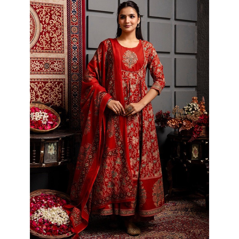 KIMAYRA Women Ethnic Motifs Printed Cotton Anarkali Kurta with Trousers & Dupatta