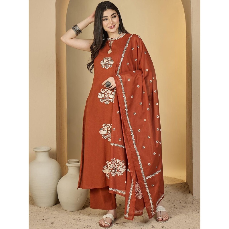 KIMAYRA Women Ethnic Motifs Printed Regular Thread Work Pure Cotton Kurta with Palazzos & With Dupatta