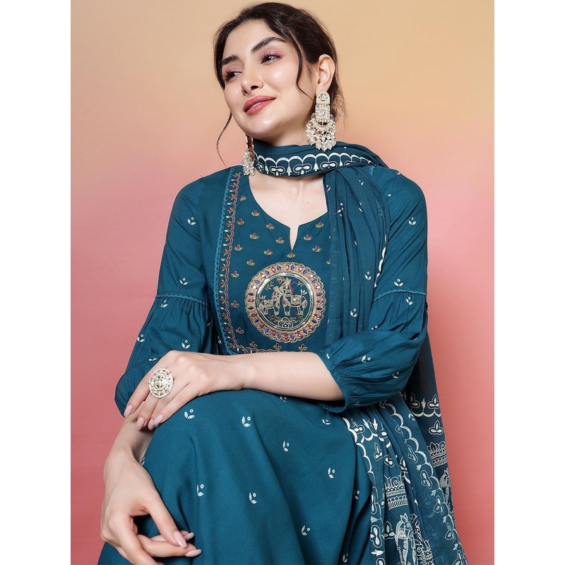 KIMAYRA Women Printed Rayon Sequinned Kurta with Palazzos & Dupatta