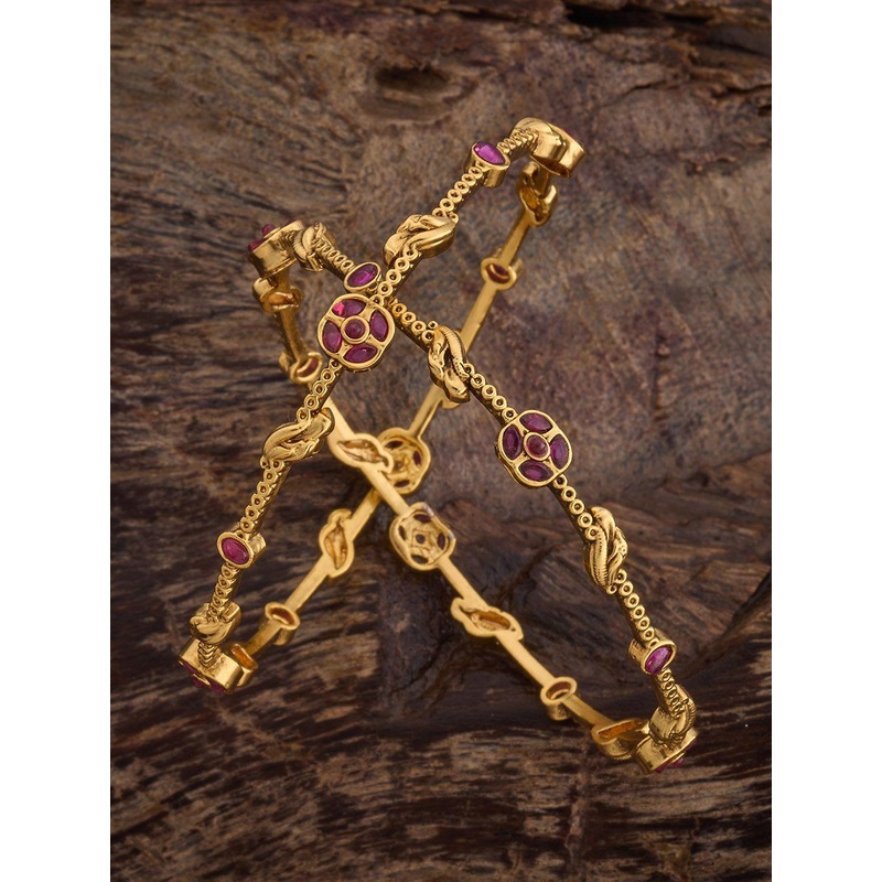 Kushal’s Fashion Jewellery Set Of 2 Gold-Plated Ruby-Studded Antique Bangles
