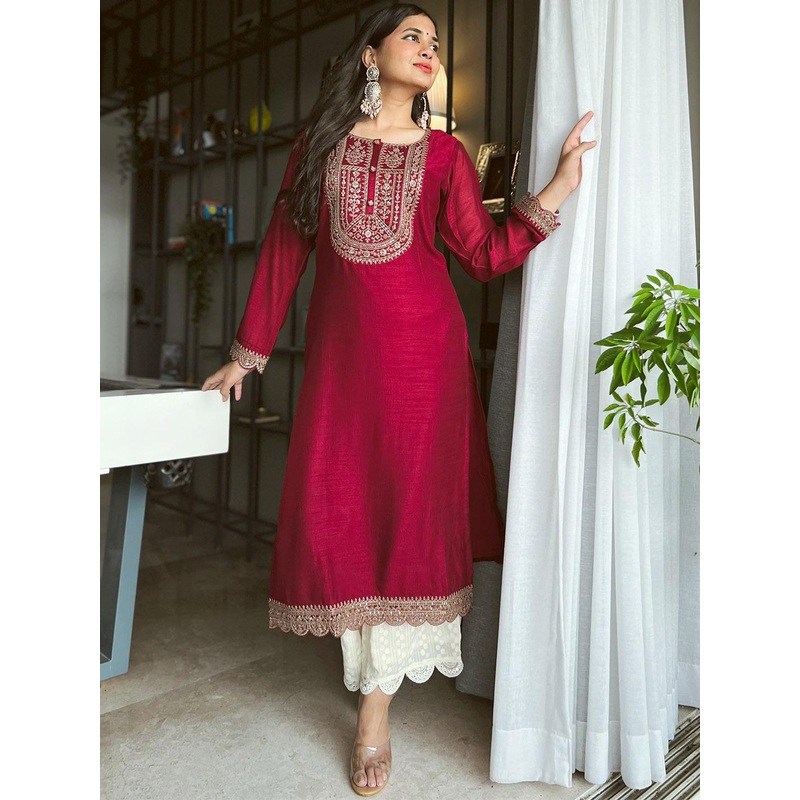 Libas Women Maroon Yoke Design Embellished Kurta