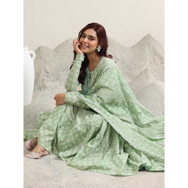Libas Womens Green Printed Cotton Anarkali Kurta With Trousers & Dupatta