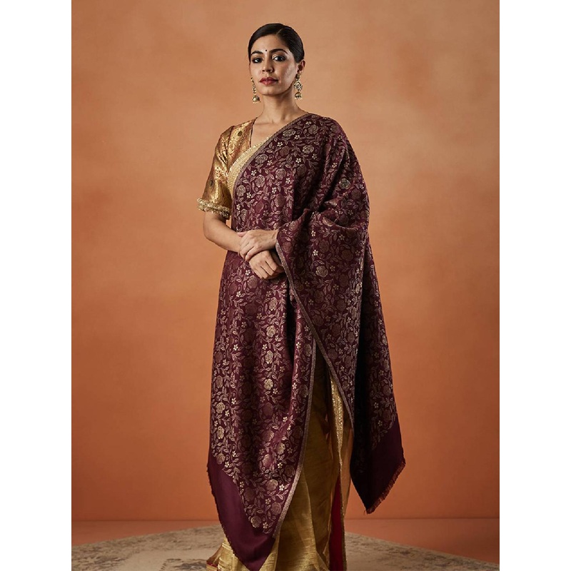 Pashmoda Floral Woven Design Fringed Shawl