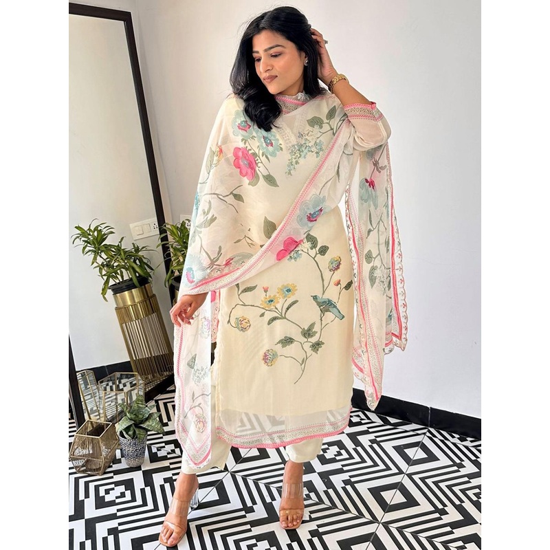 Royal Export Floral Printed Thread Work Kurta with Trouser & Dupatta