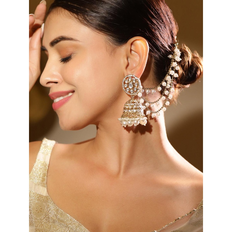 Rubans 18K Gold-Plated Kundan & Zirconia Kan Chain Jhumka Earrings with White Pearl Beads