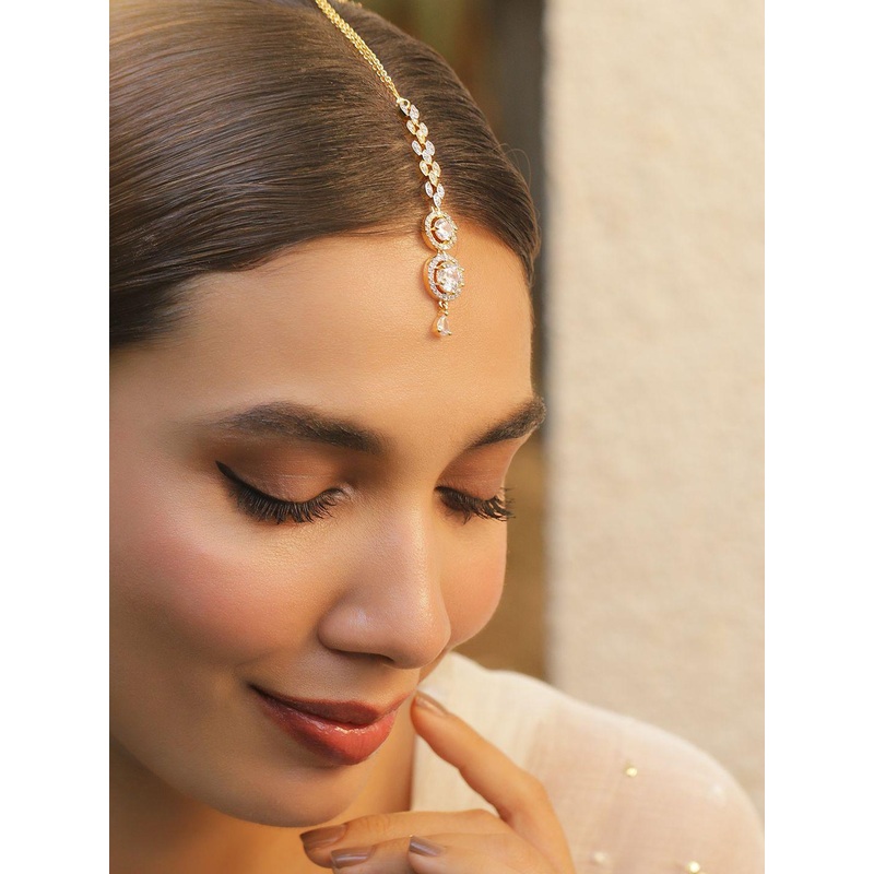Rubans 22KT Gold-Plated Cubic Zirconia & American Diamond Maang Tikka Head Jewellery
