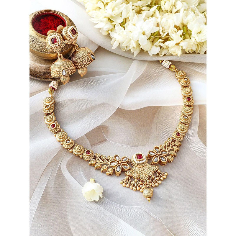 Rubans 24K Gold-Plated Ruby & Kundan Studded Floral Design Necklace Set with Jhumkas