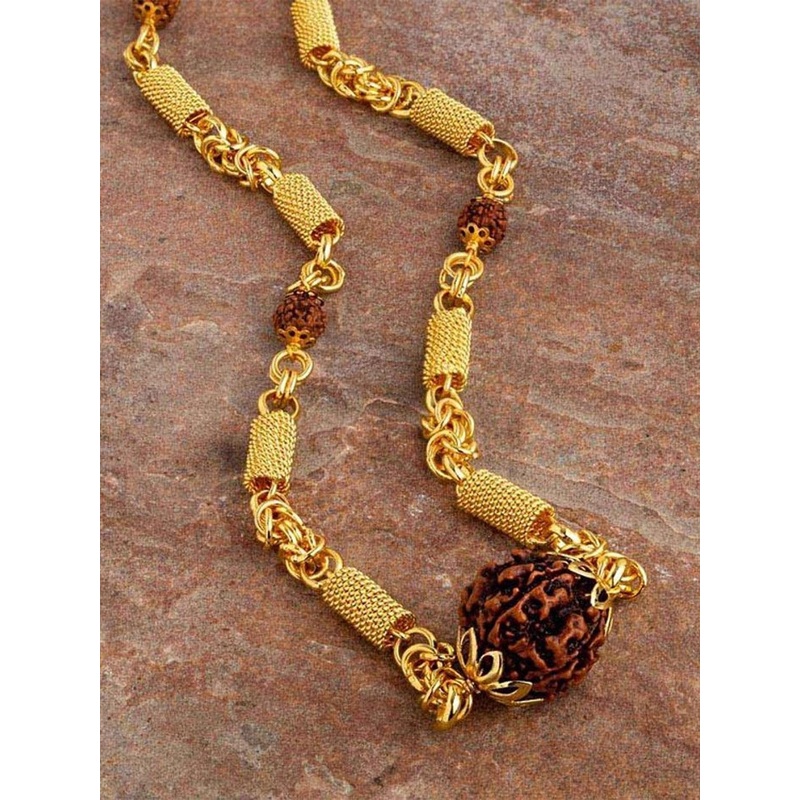 SANAA CREATIONS Unisex Gold-Plated Shiv Mahadev Symbol Rudraksha Statement Antique Chain