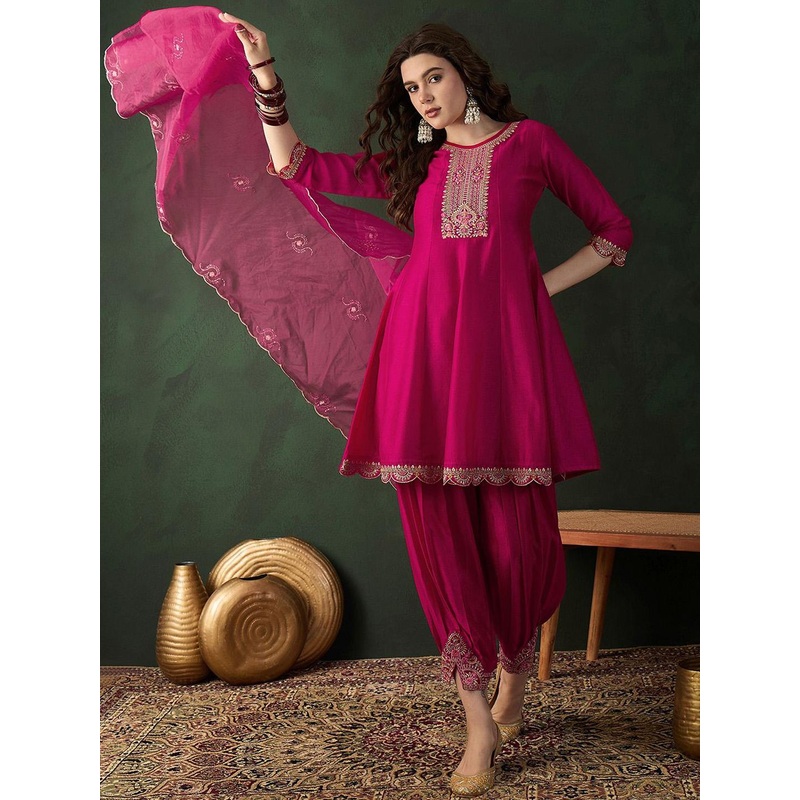 Sangria Embroidered A-Line Kurta Set With Afghani Pant & Dupatta