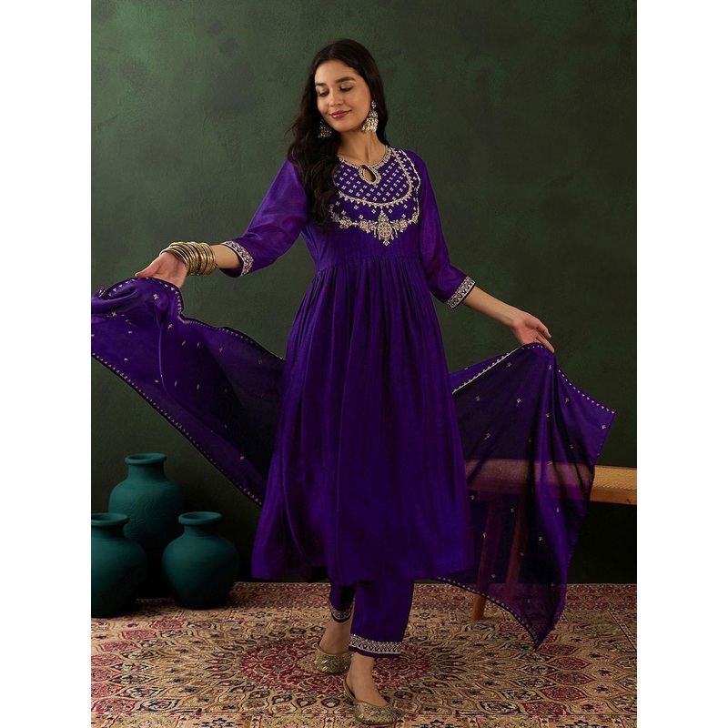 Sangria Purple Ethnic Motifs Embroidered Keyhole Neck A-Line Kurta With Trouser & Dupatta