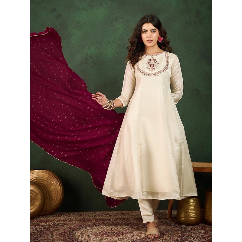 Sangria Round Neck Embroidered A-Line Kurta Sets