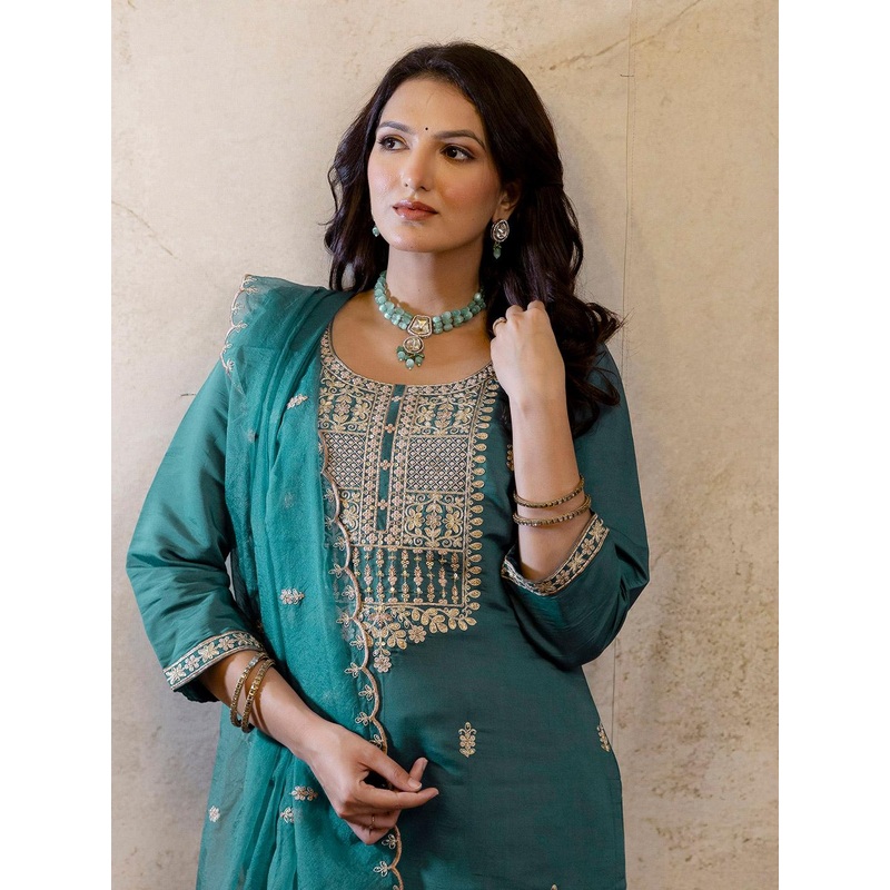 SANISA Ethnic Motifs Embroidered Straight Thread Work Kurta With Trousers & Dupatta