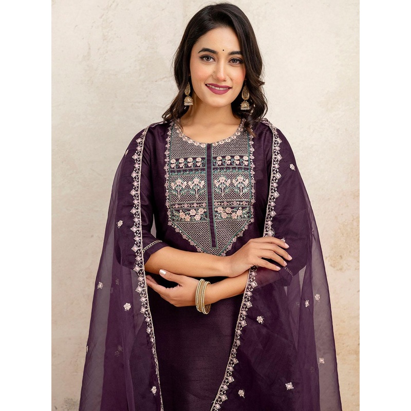 SANISA Ethnic Motifs Sequinned Straight Kurta With Trousers & Dupatta