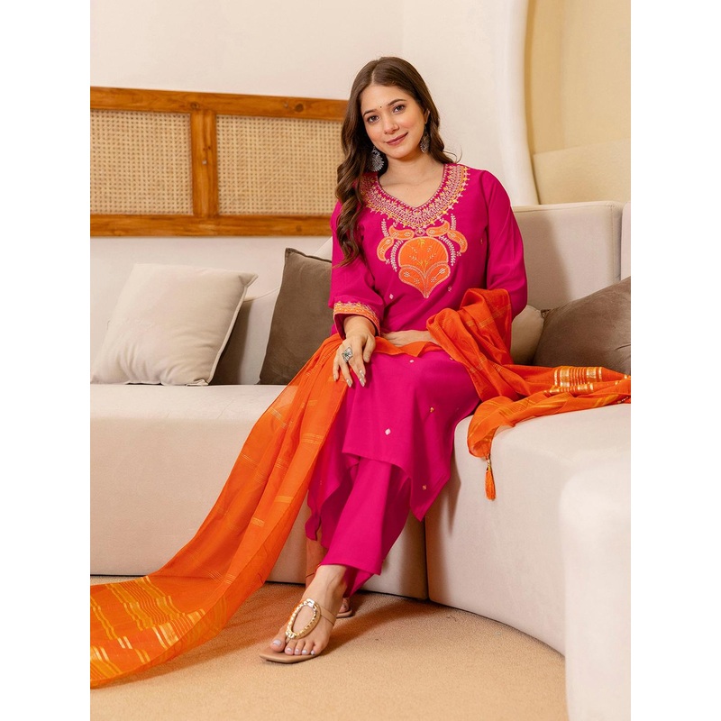 SANISA Floral Embroidered Sequinned Straight Kurta With Trousers & Dupatta