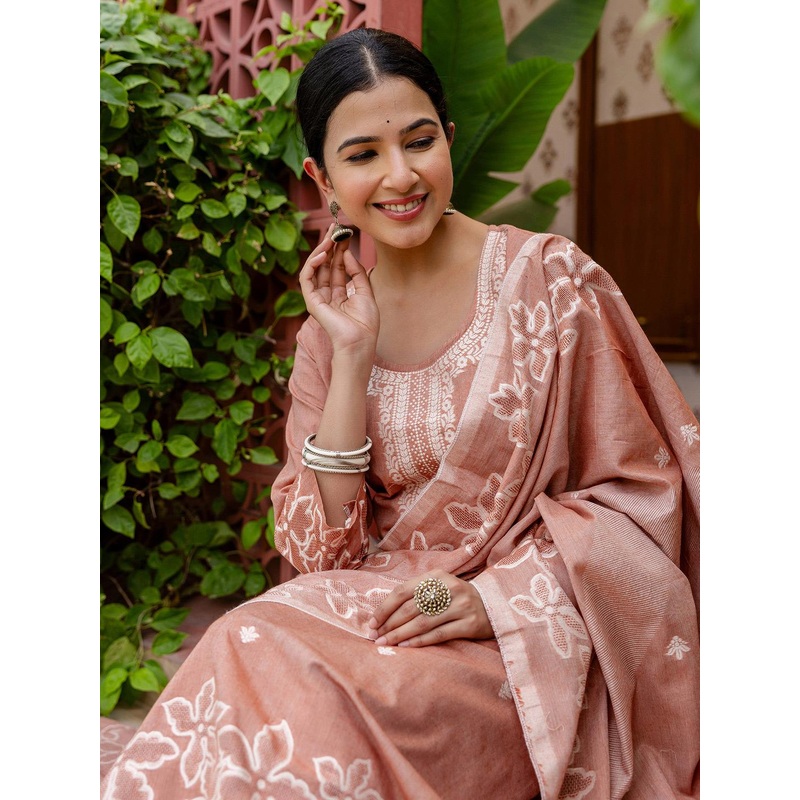 SANISA Floral Printed V-Neck Straight Kurta With Trousers & Dupatta