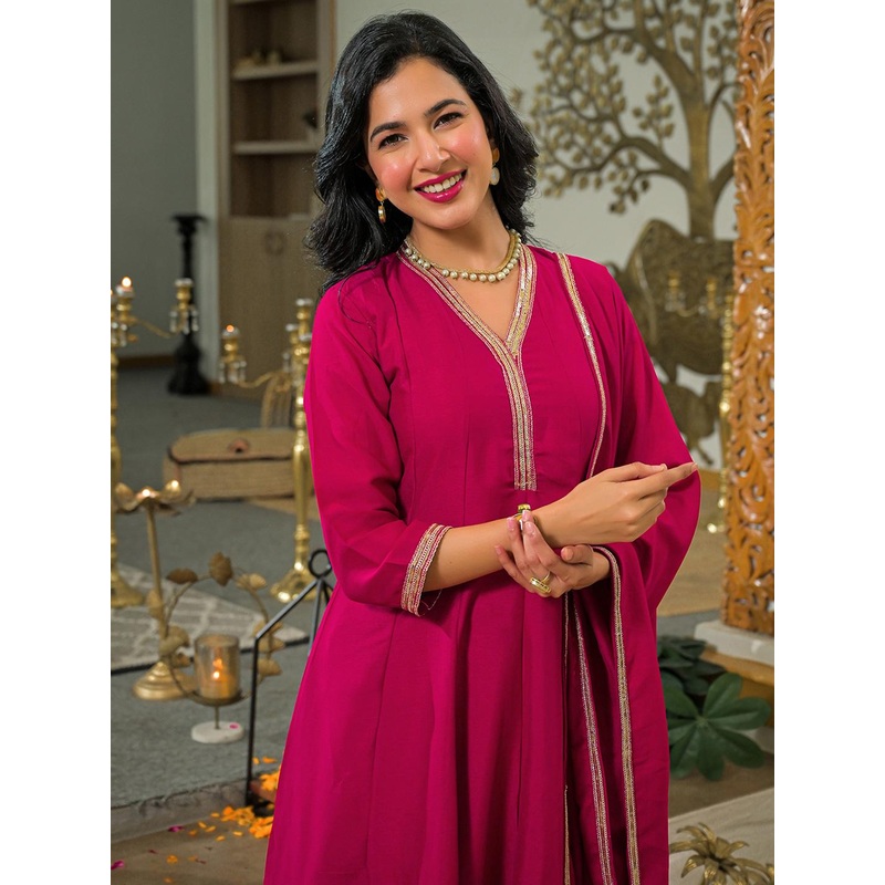 SANISA Floral Yoke Design Panelled V-Neck Sequinned Anarkali Kurta With Trouser & Dupatta